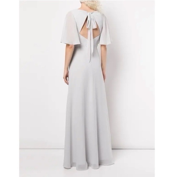 Marchesa Notte Bridesmaids Draped-Sleeve Rear-Cutout Gown Grey - Picture 5 of 16